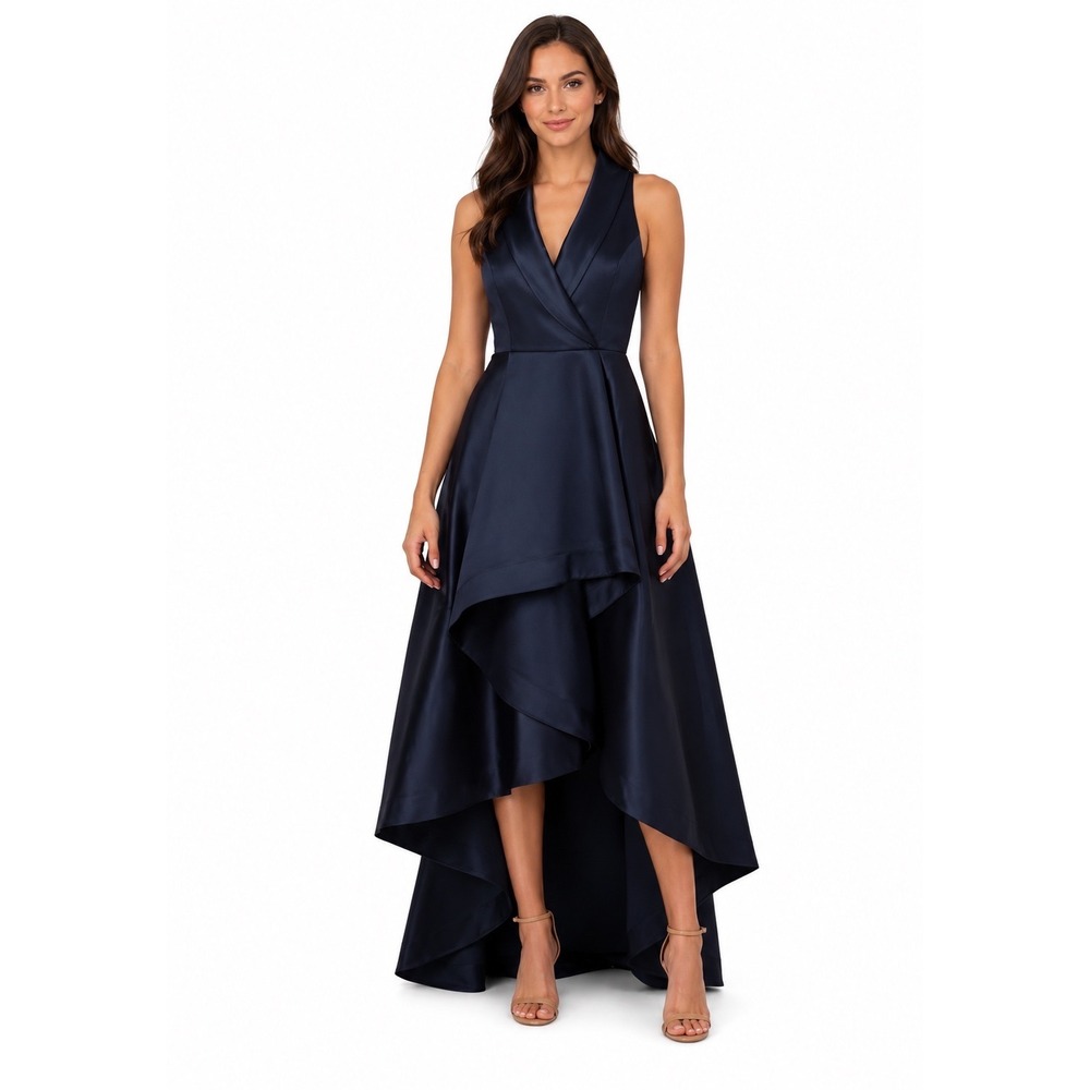 Adrianna Papell Petite 4P Navy Mikado High Low Tuxedo Gown Formal Dress